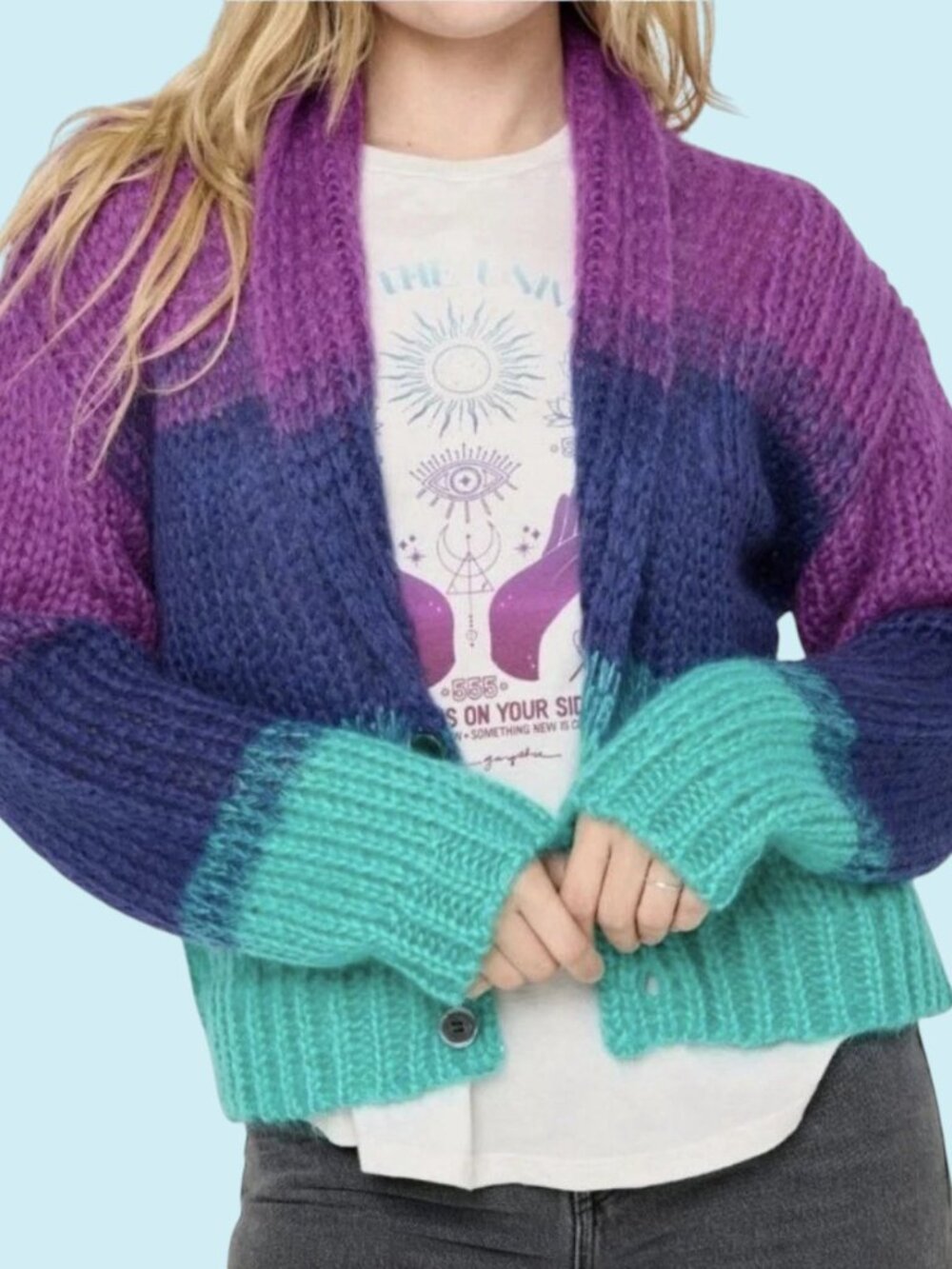 SPIRITUAL GANGSTER Royce Stripe Cardigan Large Mohair Wool Blend Boho Chic Cozy